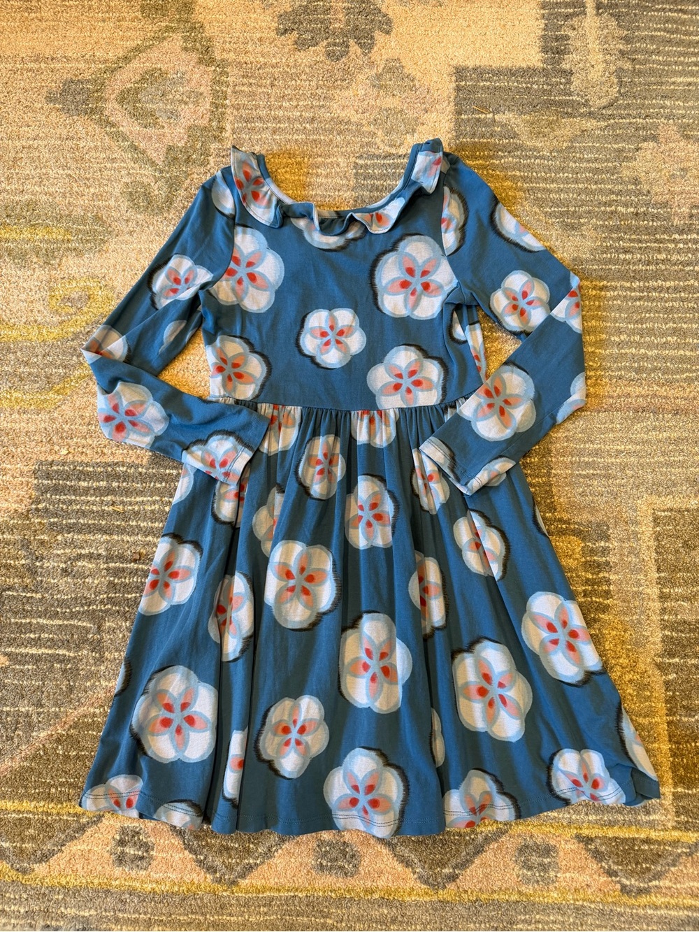 Tea Collection Blue Floral Ruffle Neck Twirl Dress
